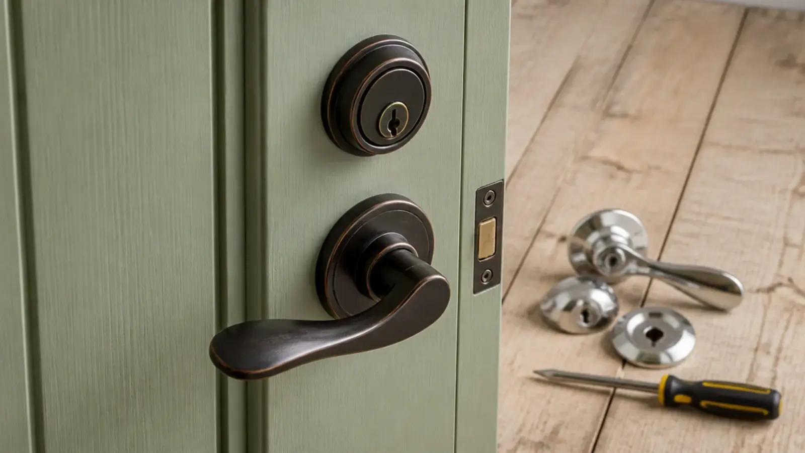 oil rubbed bronze lever and deadbolt on a painted farmhouse door