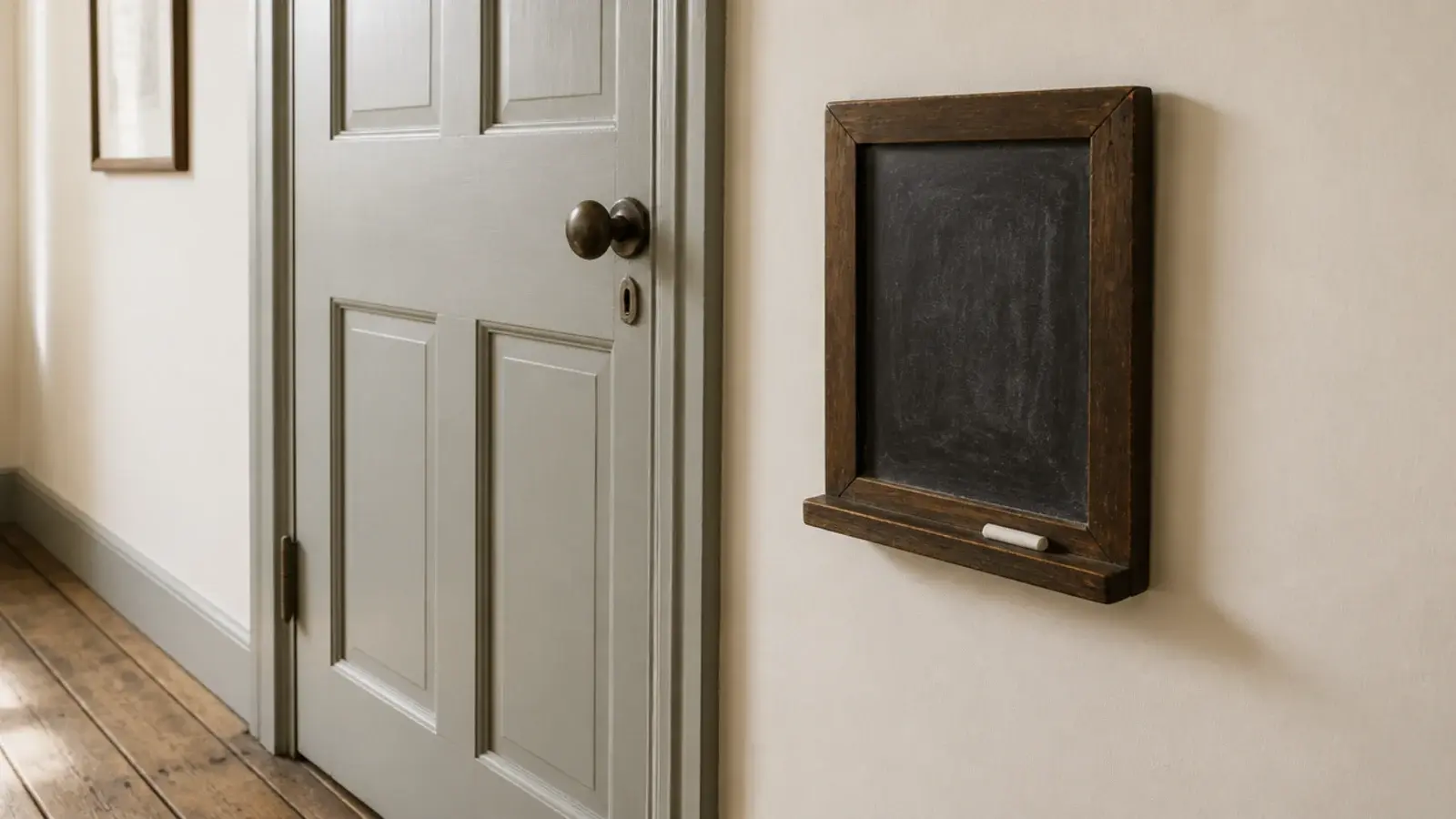 small framed slate board hanging beside a farmhouse entry door
