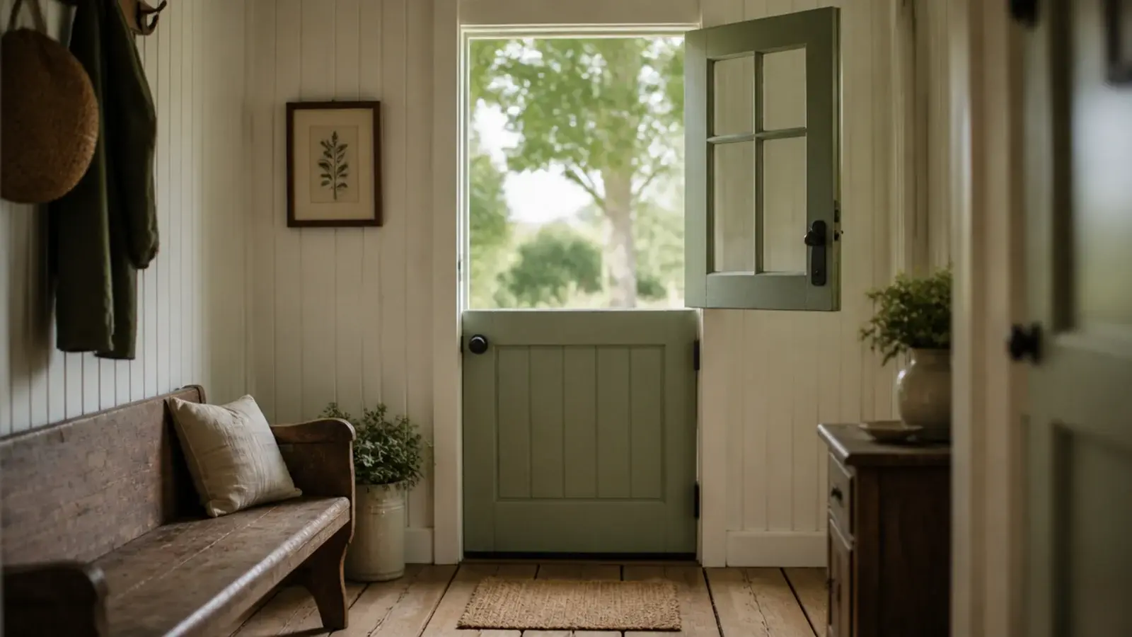 split dutch door with the top half open in a farmhouse entry
