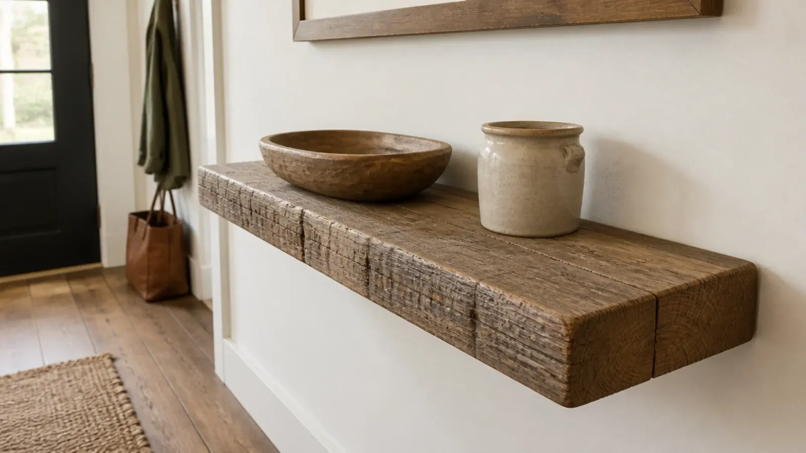thick reclaimed wood floating shelf mounted on a farmhouse entry wall