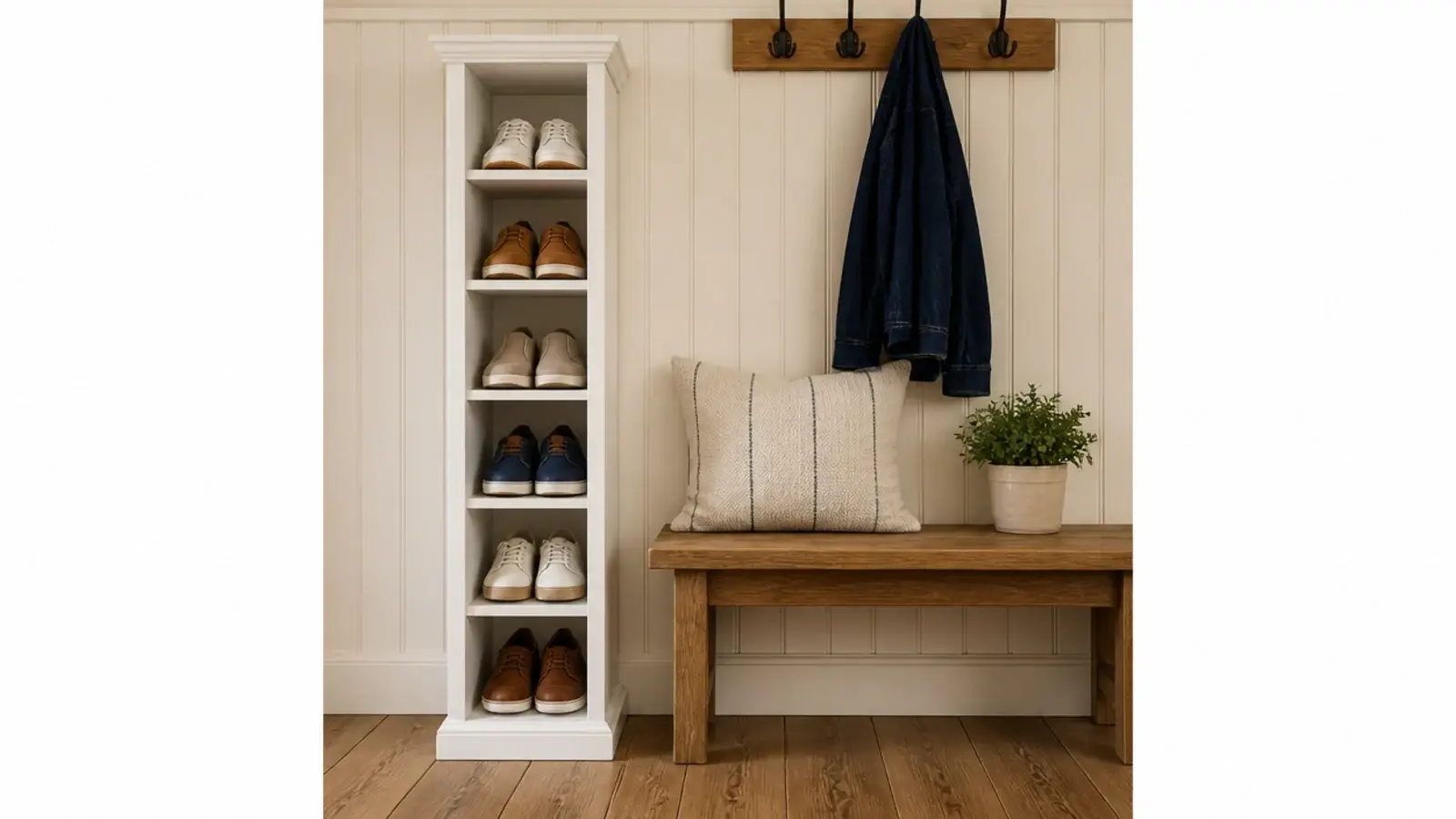 tall narrow shoe cubby column standing beside a farmhouse bench