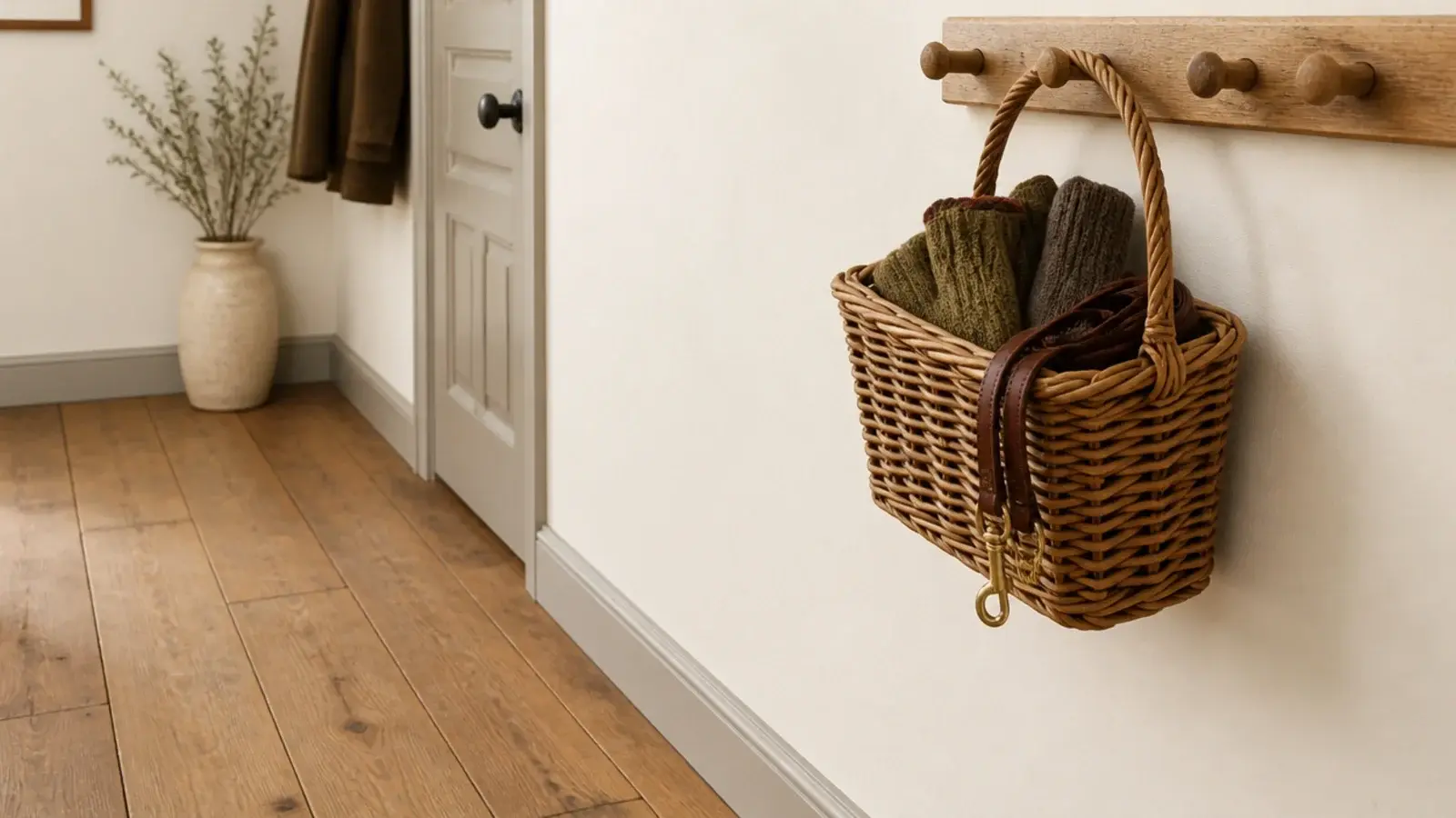 woven basket hanging from a wooden peg holding gloves and leads