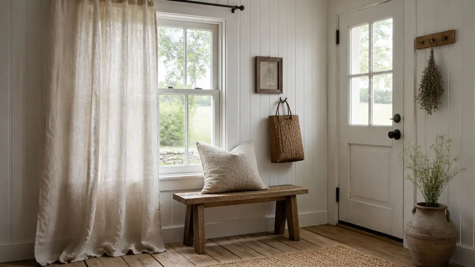 washed linen curtain and cushion softening a farmhouse entry hall