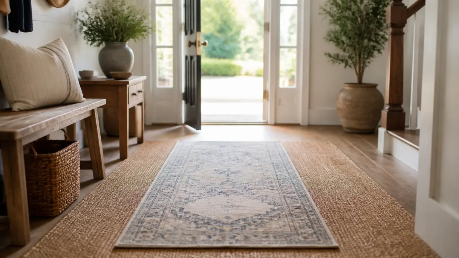 small patterned runner layered over a larger jute rug in an entry