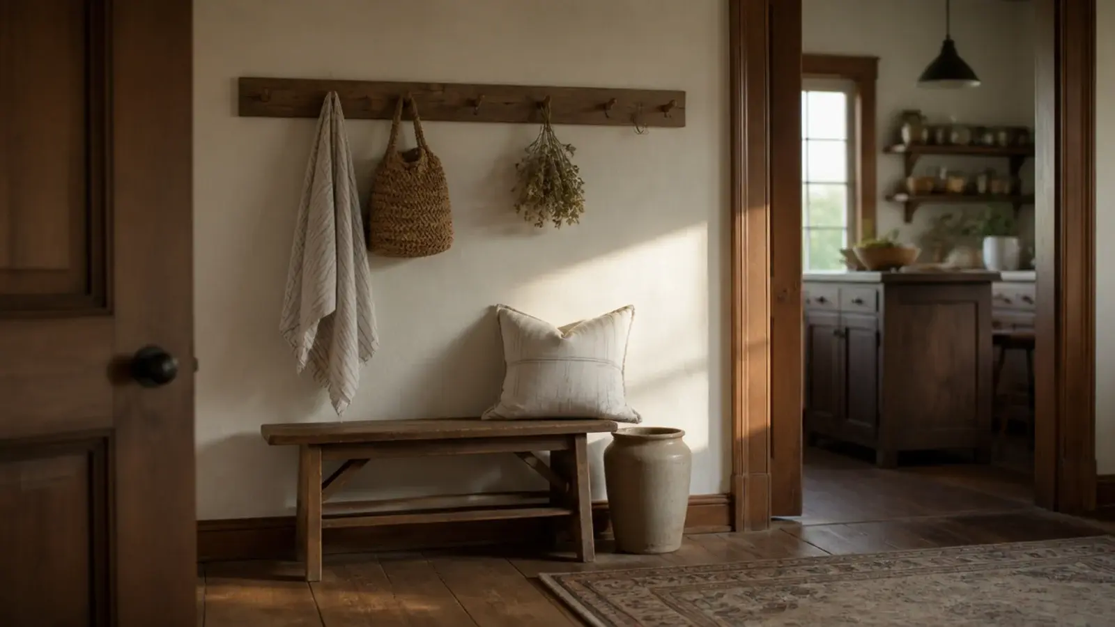 warm white farmhouse entry walls beside natural stained wood trim