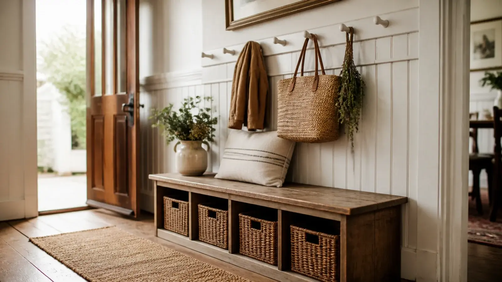 farmhouse entryway ideas with a shaker peg rail bench and woven baskets