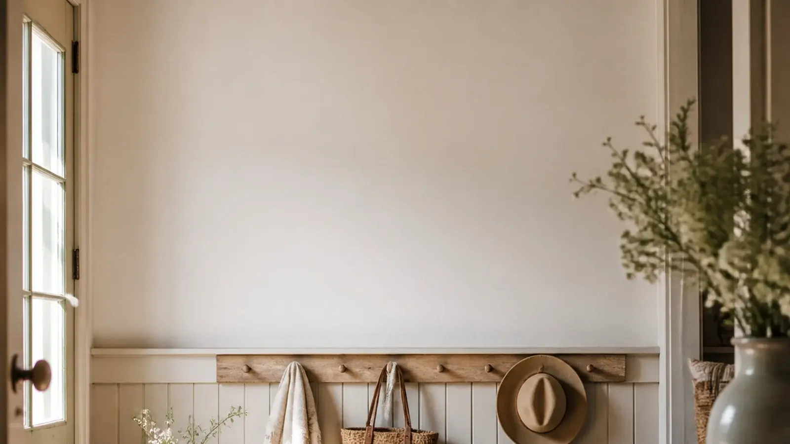vertical farmhouse entryway image with peg rail bench baskets and beadboard