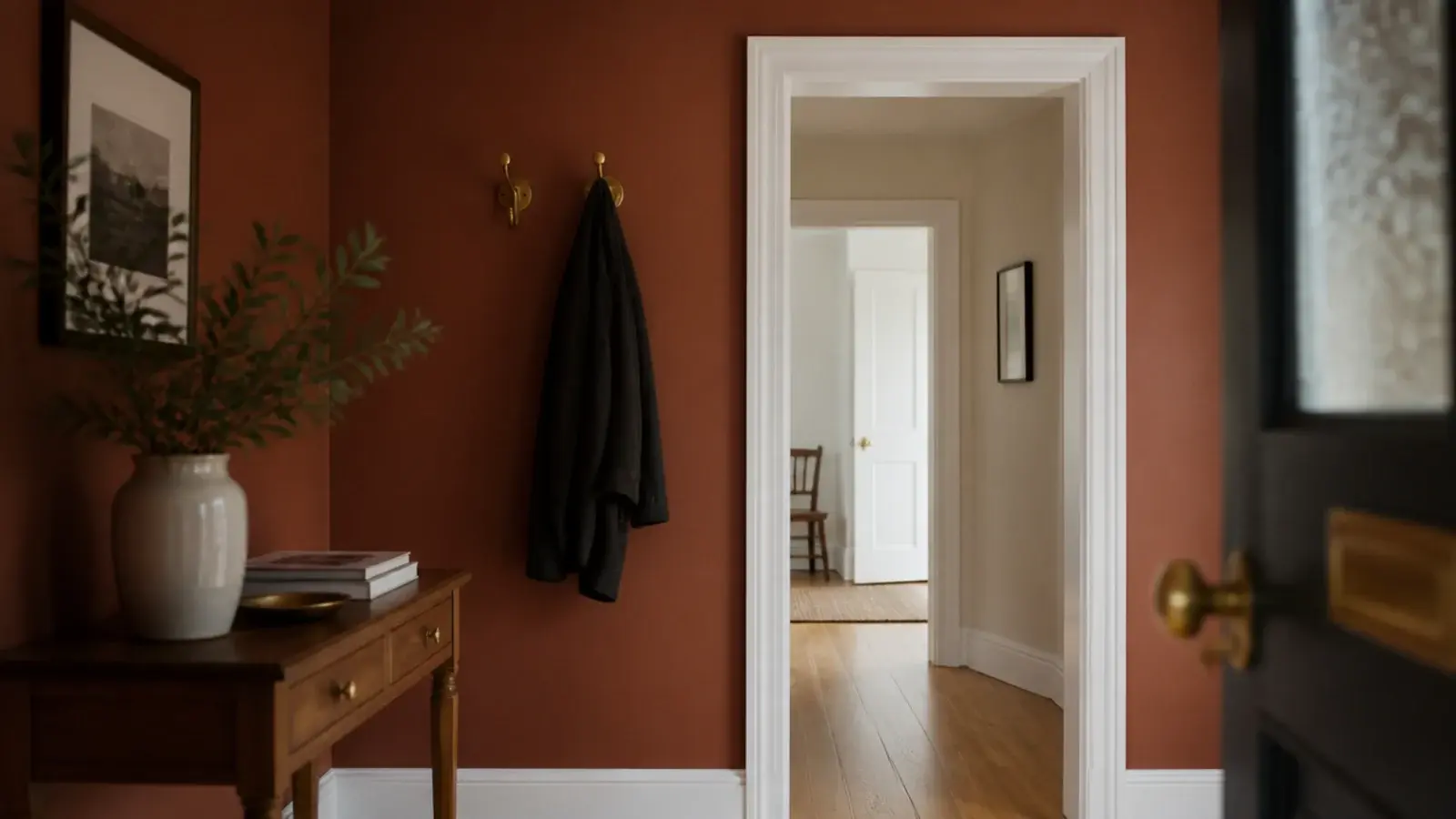 foyer walls painted deeper than the pale hallway beyond a doorframe