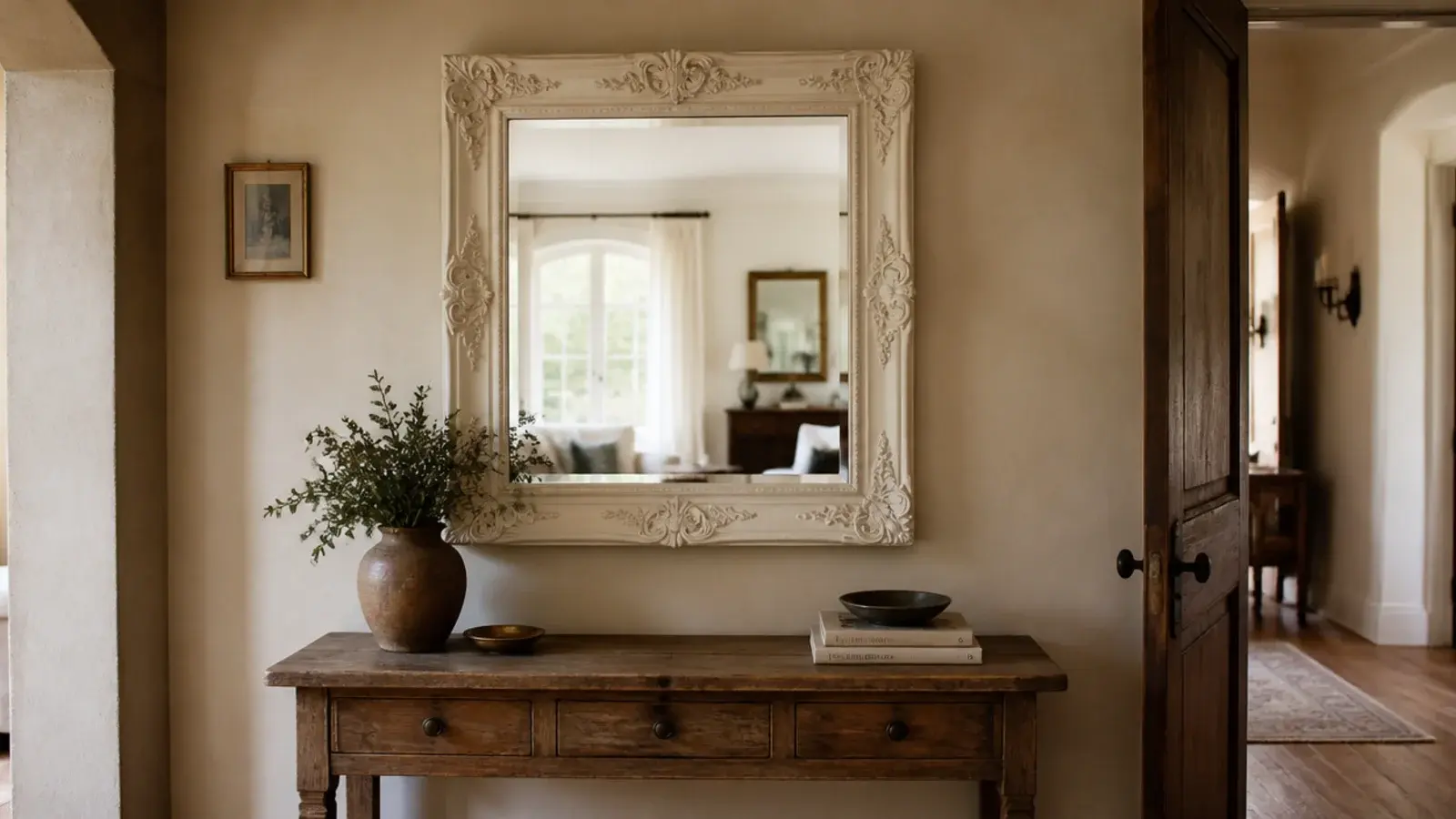 old carved mirror frame repainted cream hanging in a foyer