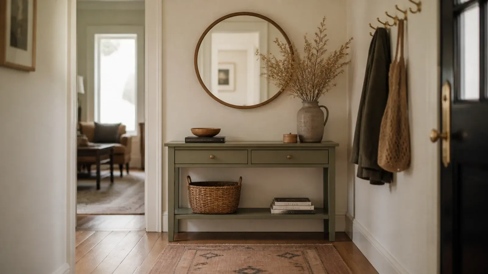 foyer decorating ideas with a painted console thrifted mirror and dried stems