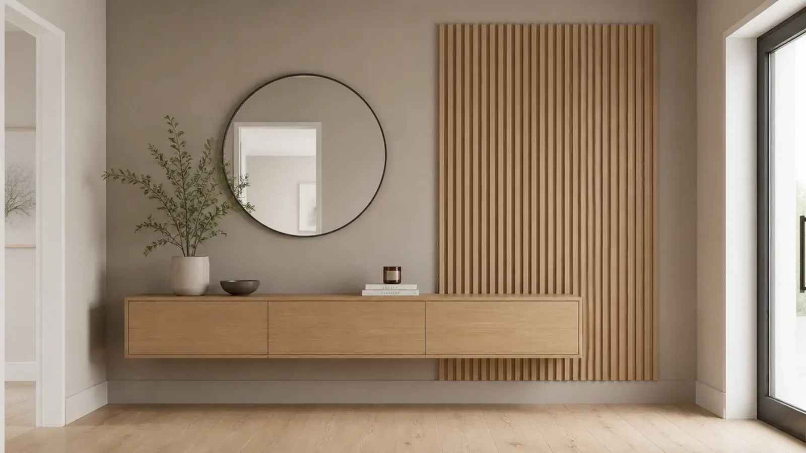 warm oak and greige entry wall showing one continuous flat plane