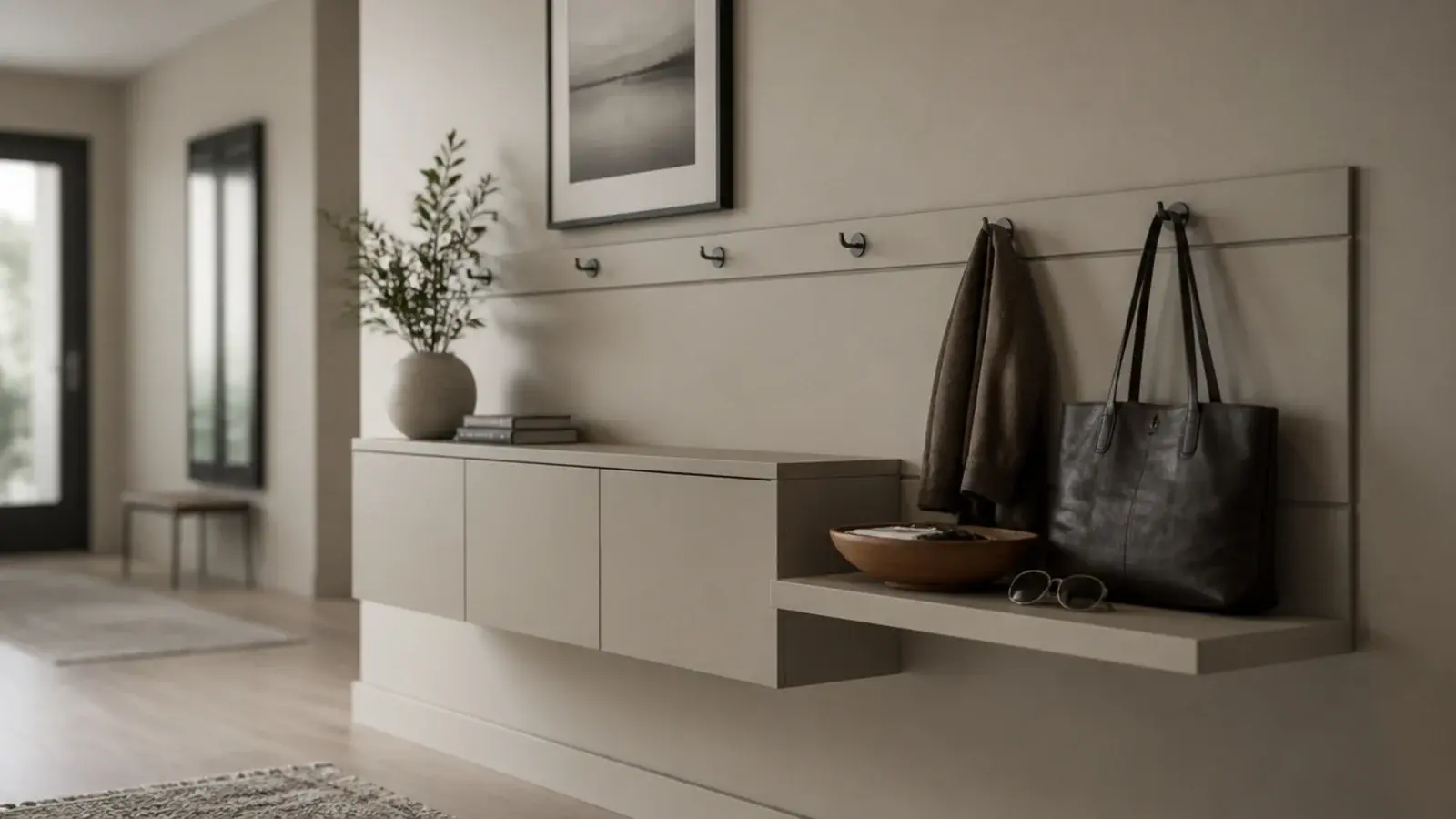 entry wall where hooks ledge and cabinet all sit at one depth