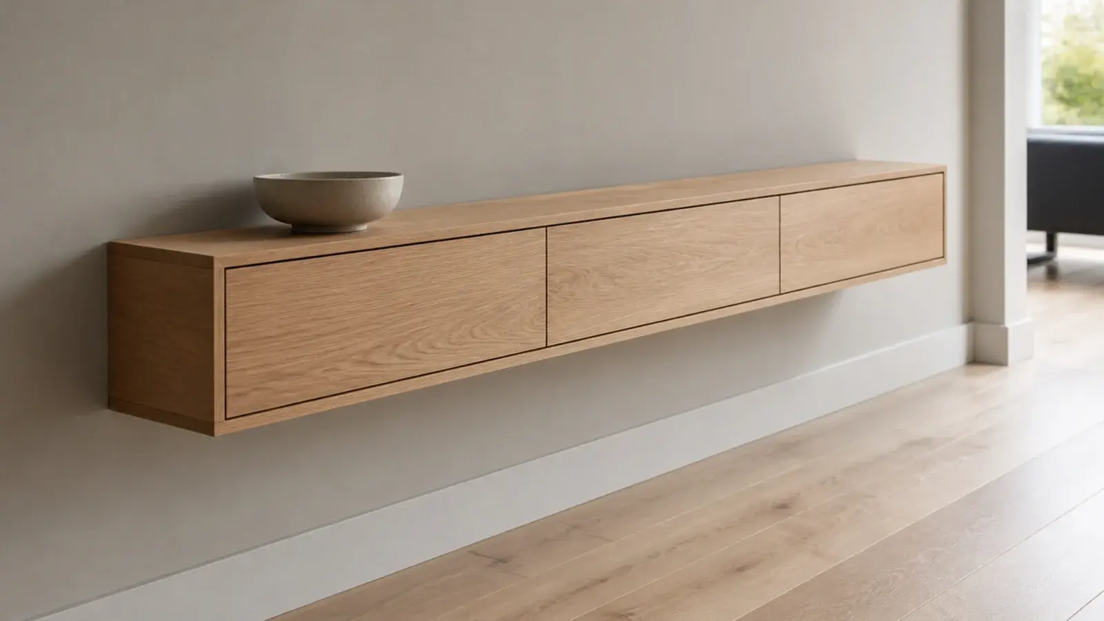 floating oak console with no visible legs or brackets beneath