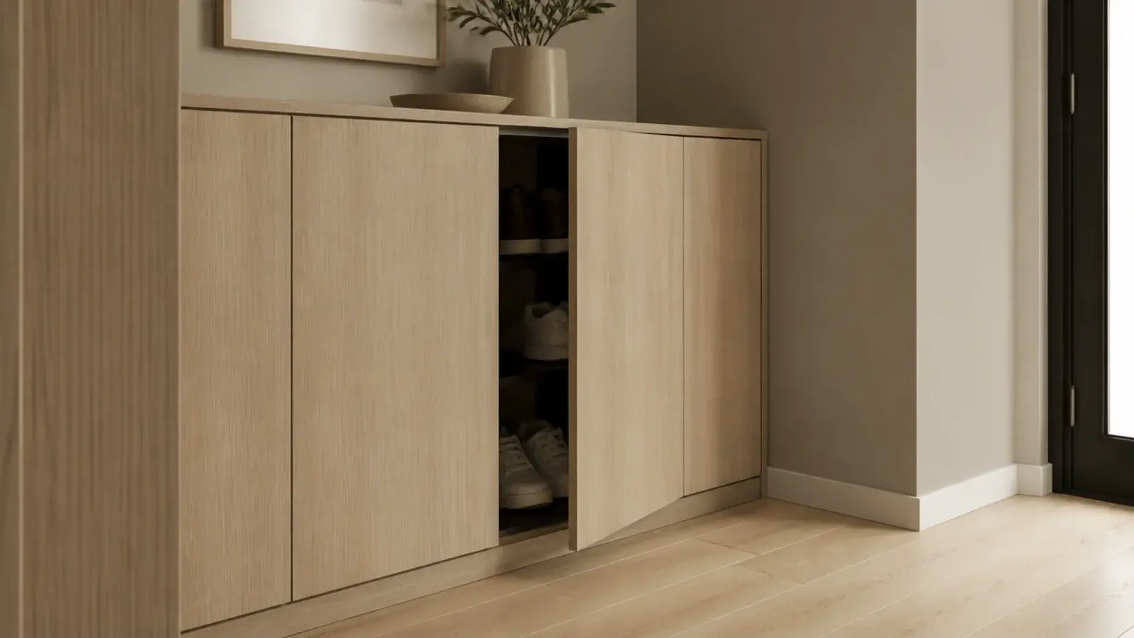 handleless push latch cabinet fronts in a modern entryway