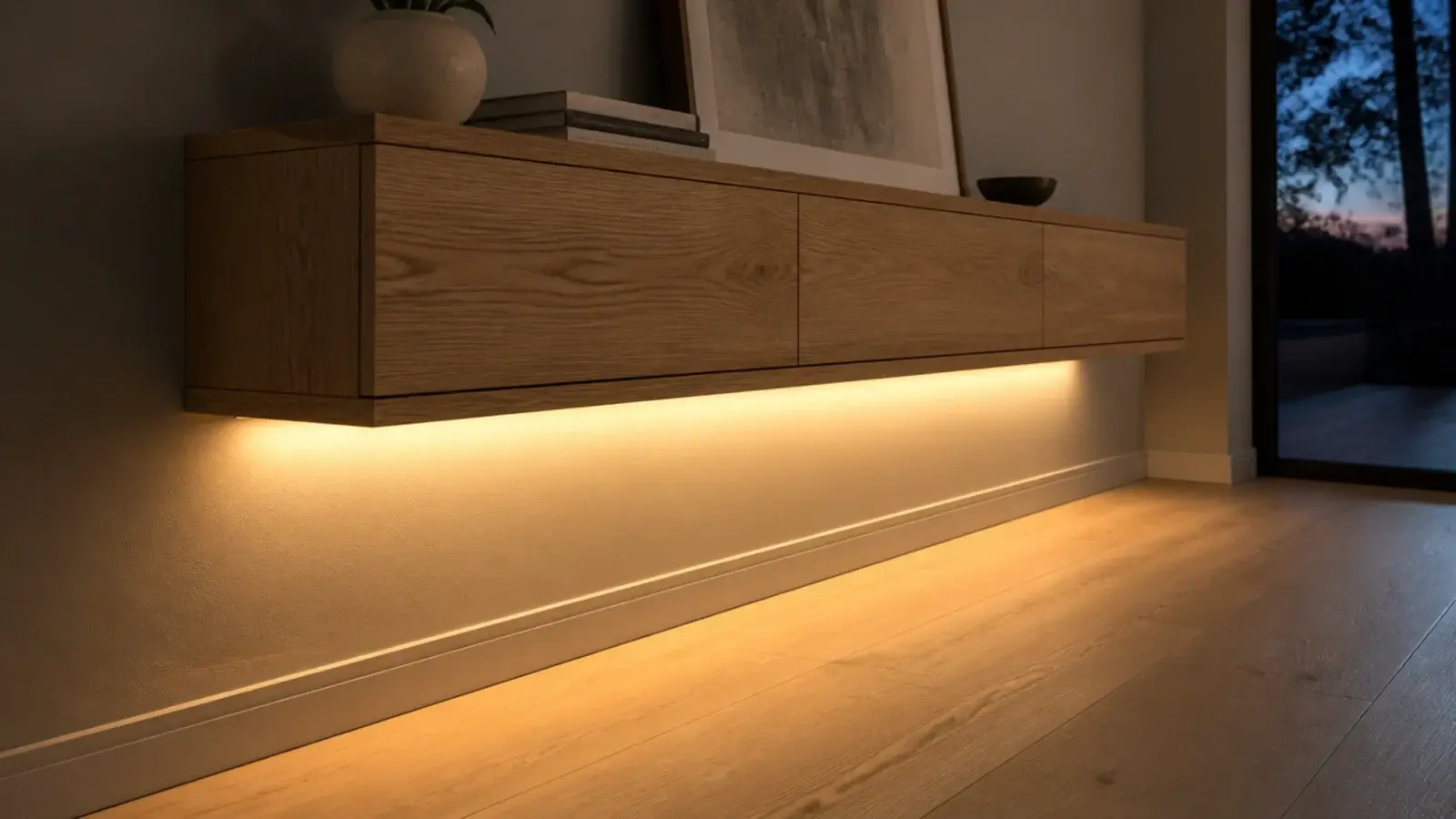 concealed led strip glowing beneath a floating entryway console