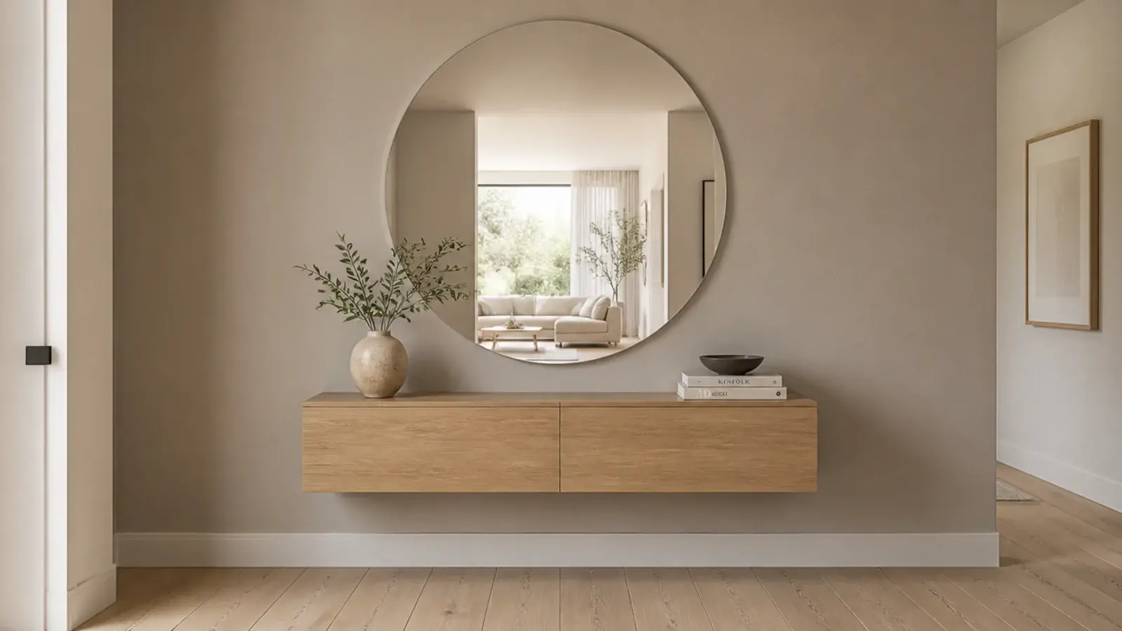 frameless round mirror mounted flush on a modern foyer wall