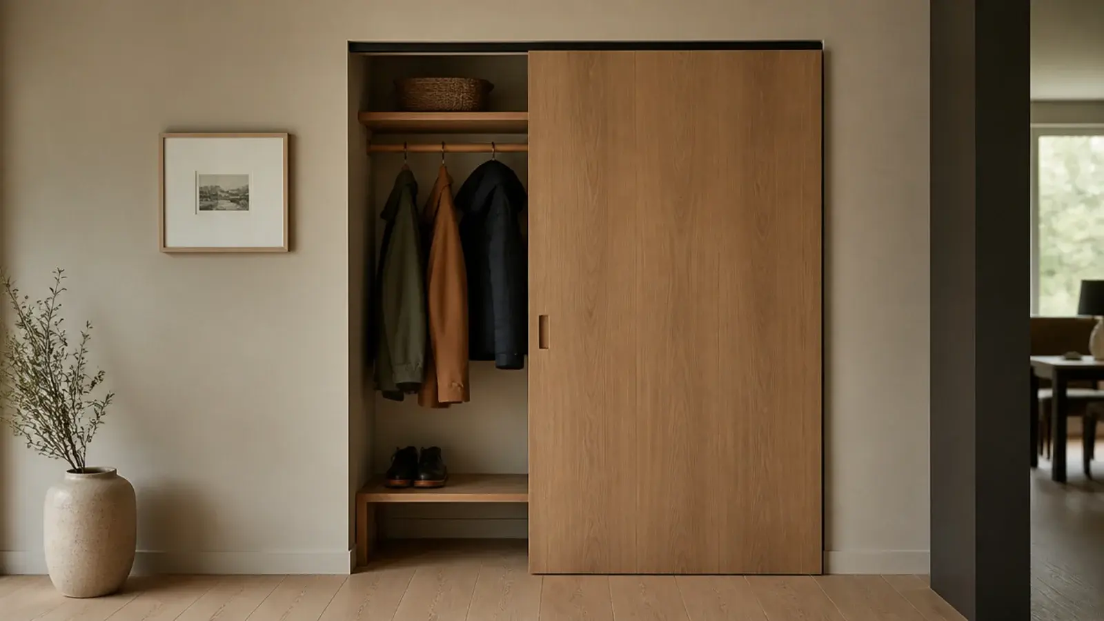sliding oak panel half covering a coat nook in a modern entry