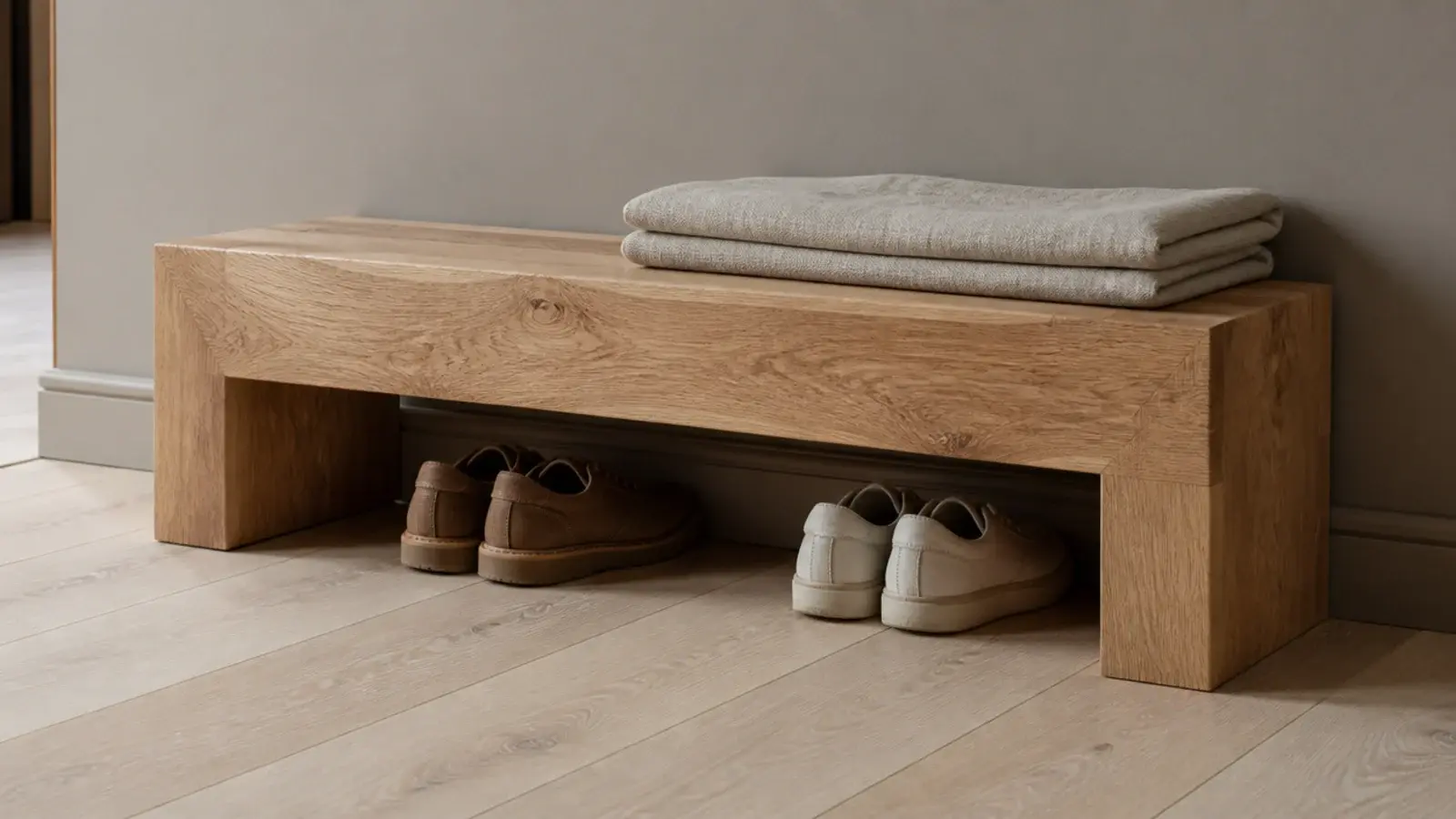 solid oak block bench sitting against a modern foyer wall