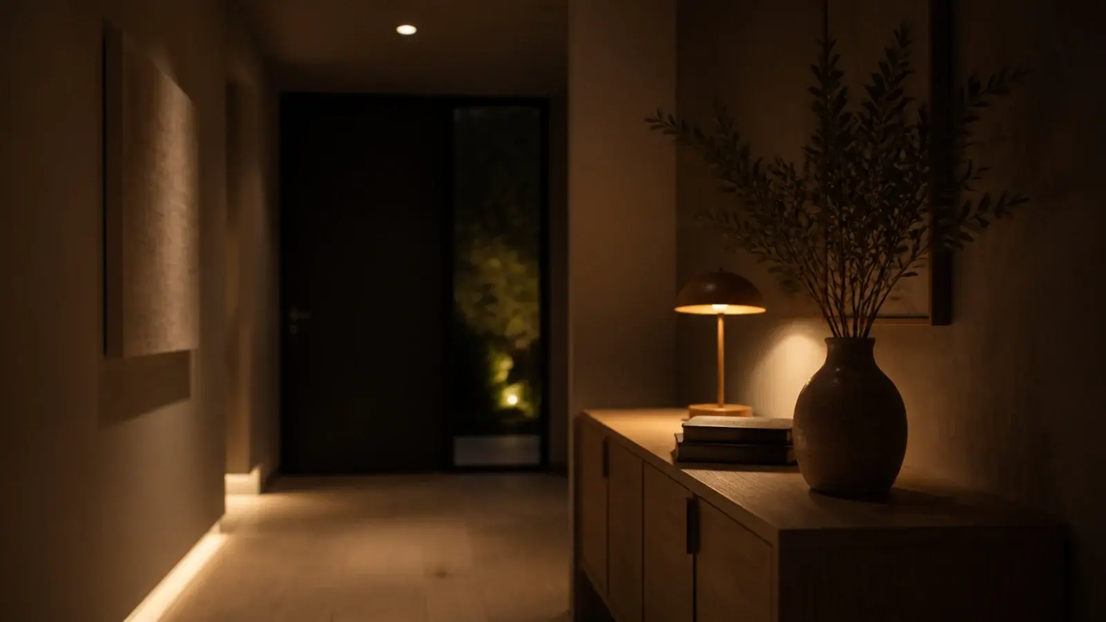 modern foyer lit softly by dimmed warm bulbs after dark