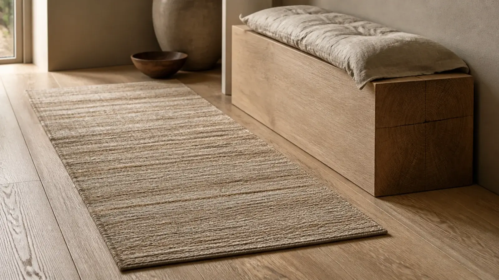 wool runner and linen cushion softening a hard modern entryway