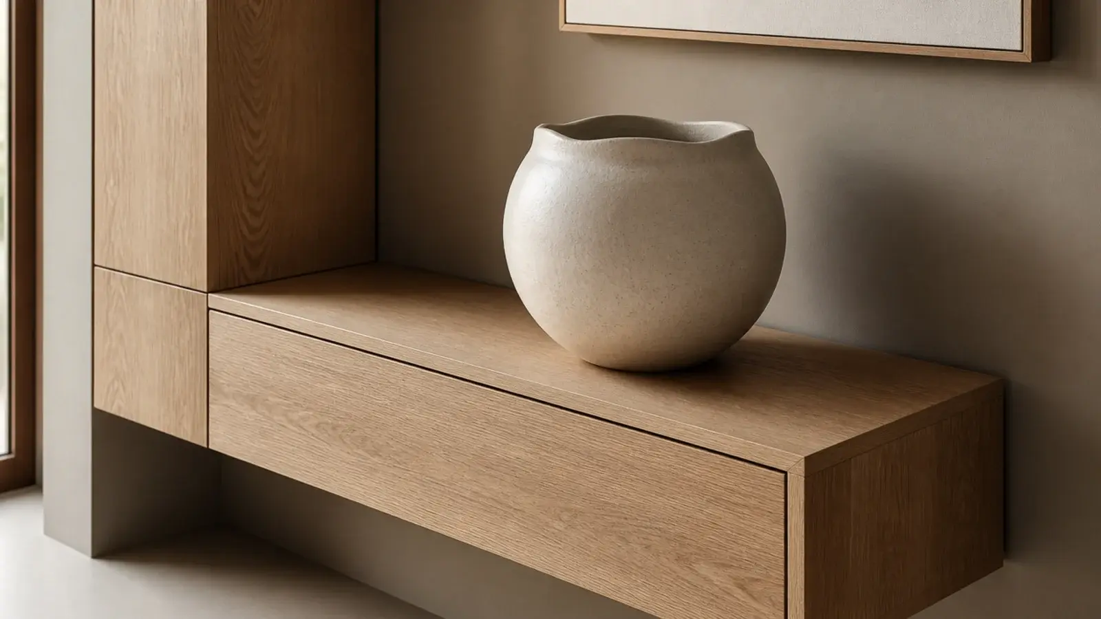 rounded stoneware vessel breaking the straight lines of a modern entry