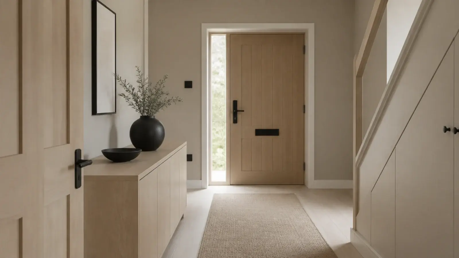 modern foyer using only greige oak and matte black tones