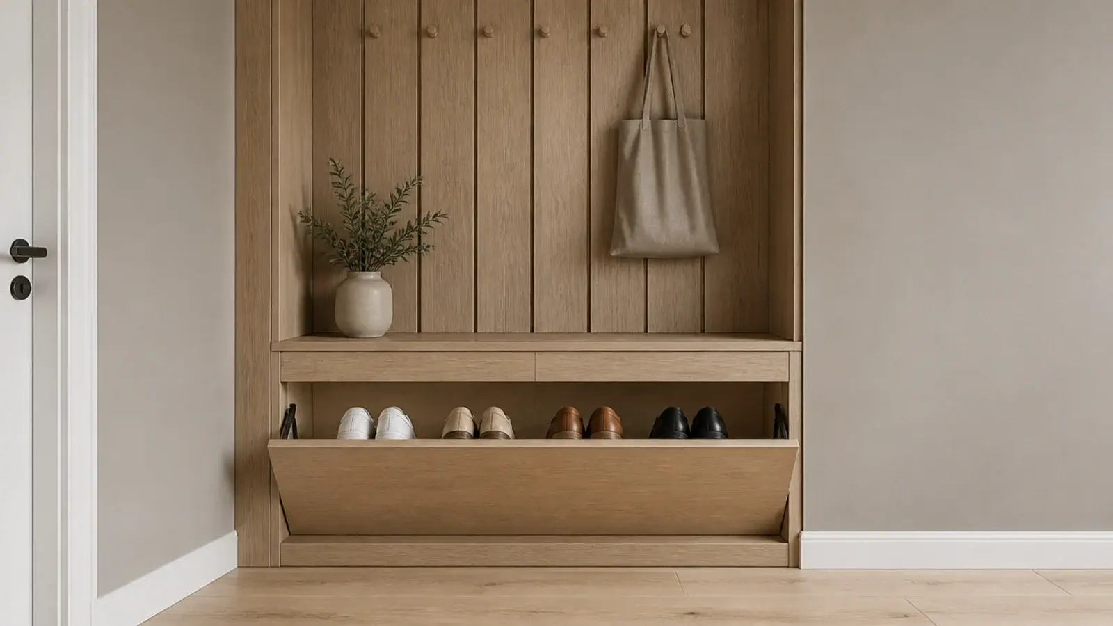 concealed tilt out shoe drawer inside modern entryway joinery