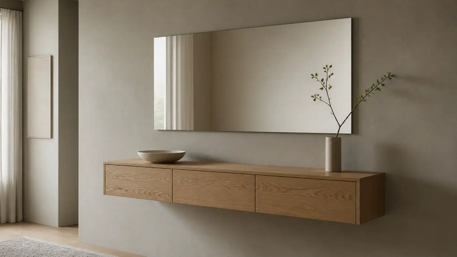 modern entry console holding only a stoneware bowl and one branch