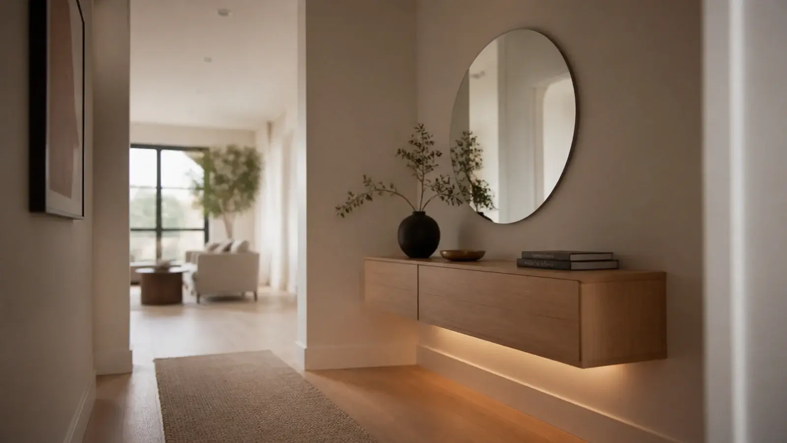 modern foyer ideas with a floating oak console and slim brass mirror