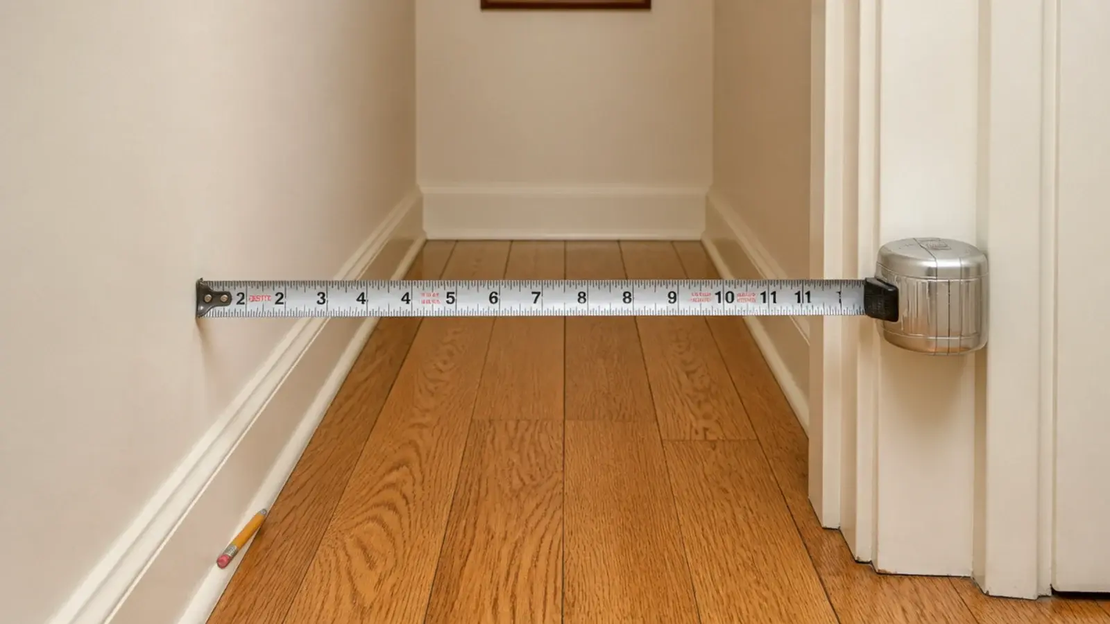 tape measure showing the pinch point width of a narrow hallway