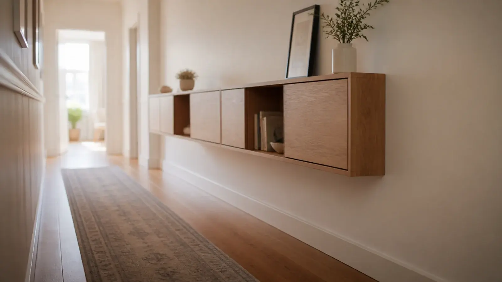 narrow hallway with a completely clear floor and wall mounted storage