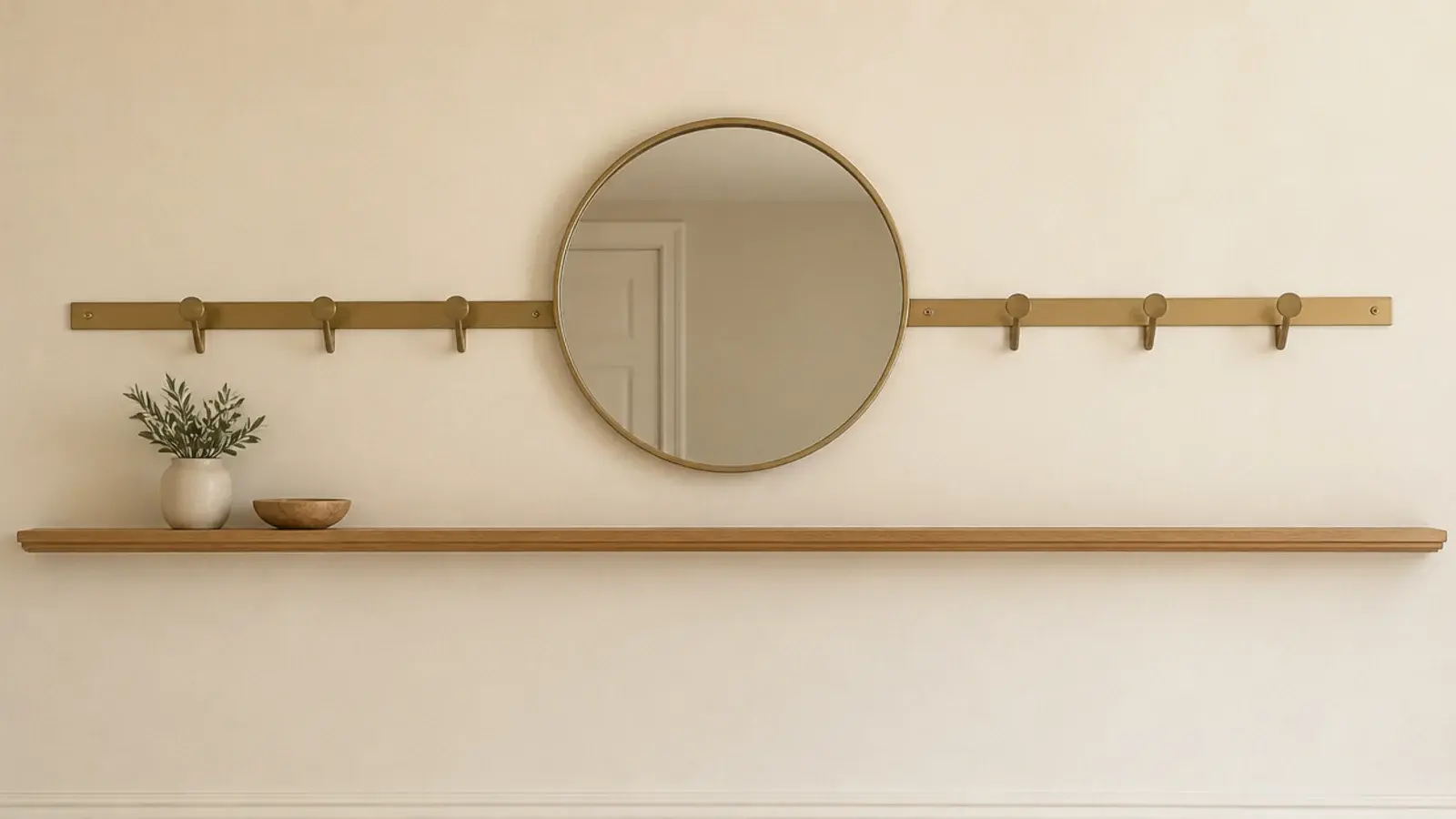 narrow entry wall with ledge hooks and mirror in one height band