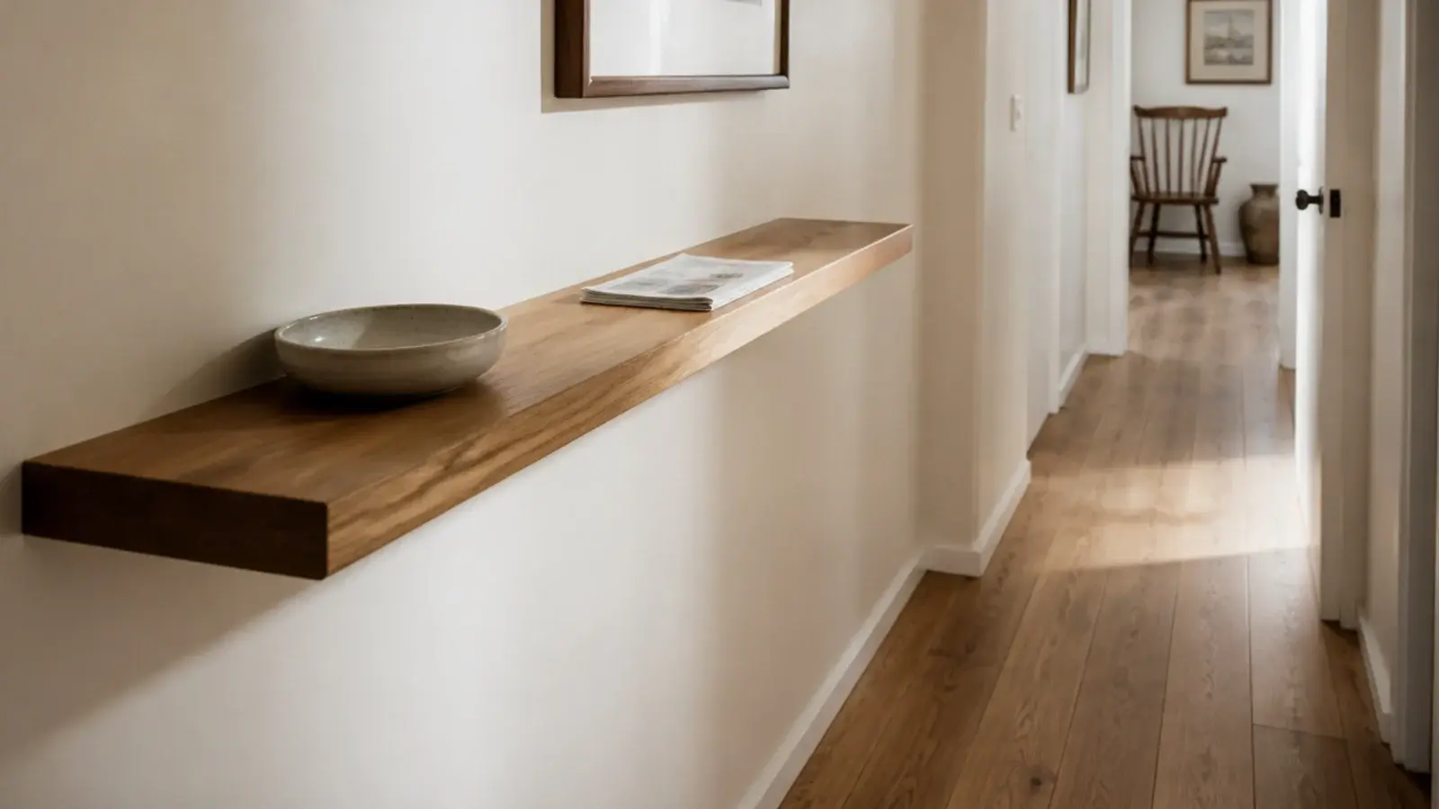 shallow six inch oak ledge mounted along a narrow hallway wall