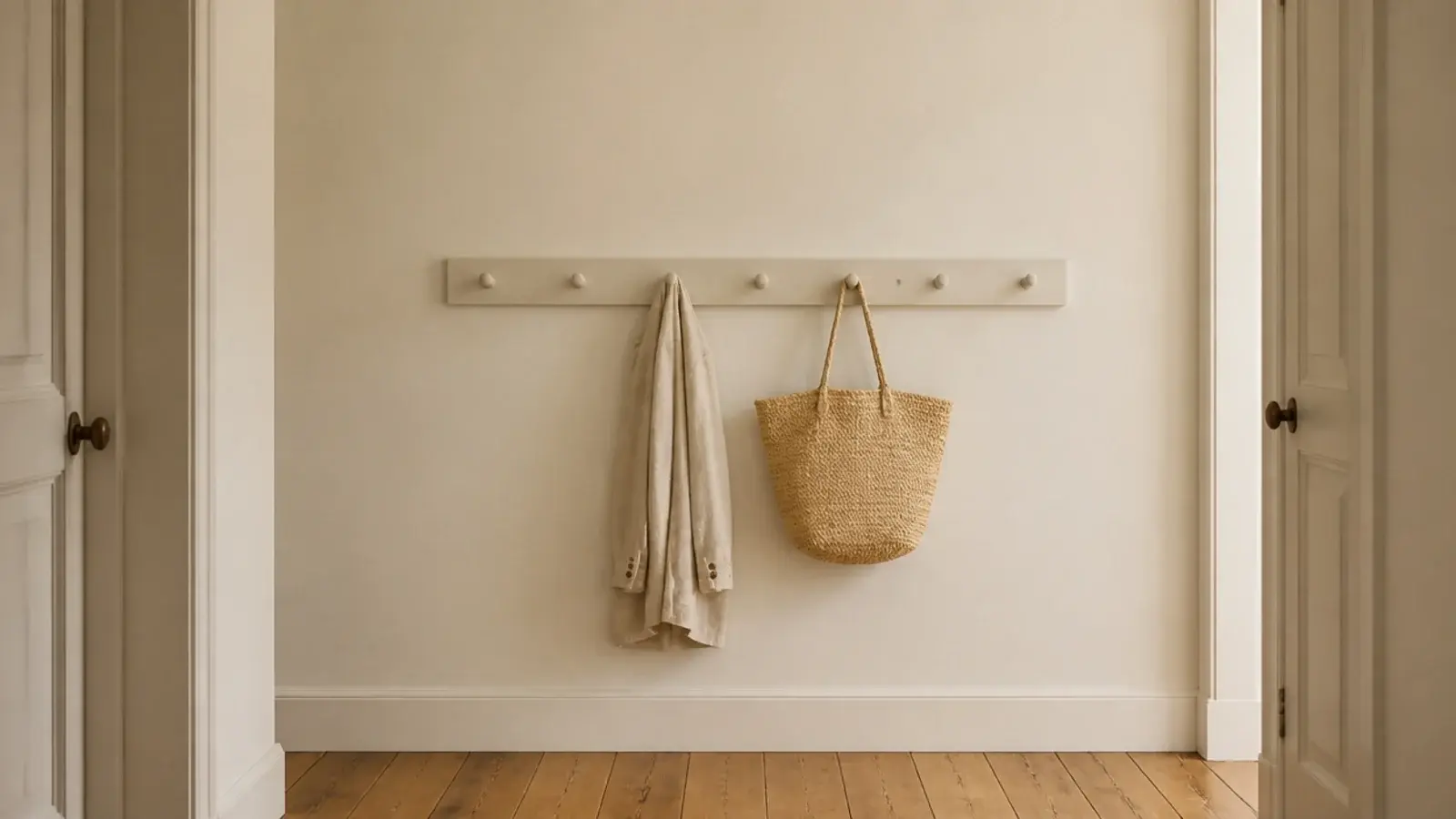 slim shaker peg rail on a narrow hallway wall holding a jacket