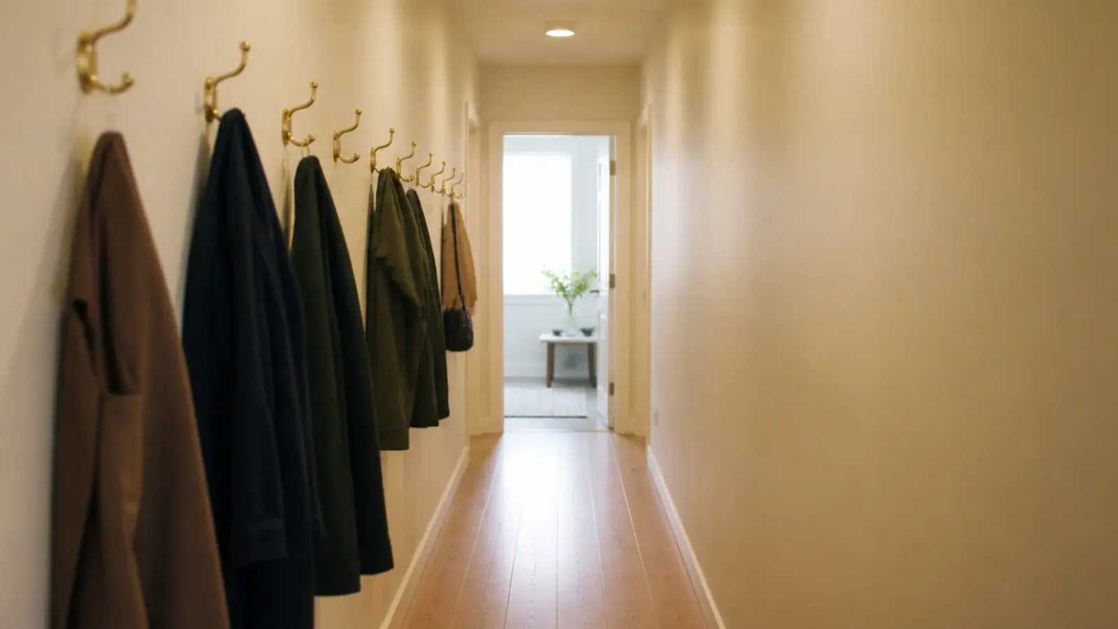 coats hung along one wall of a narrow hall leaving the other bare