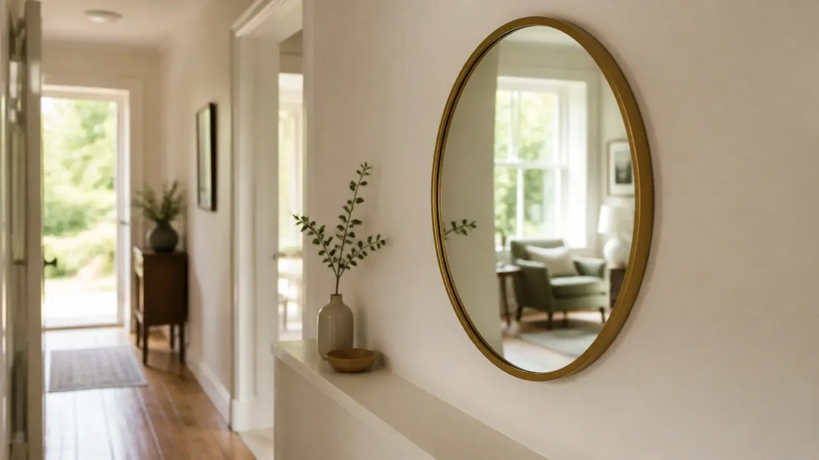 mirror on the long wall of a narrow hall reflecting the room beyond