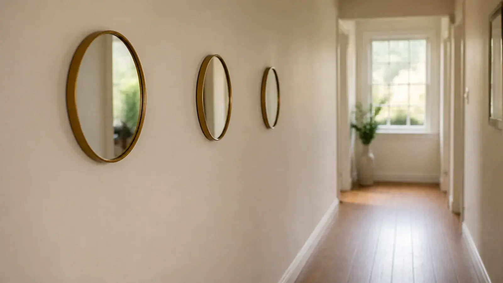 three matching round mirrors spaced evenly along a narrow hallway