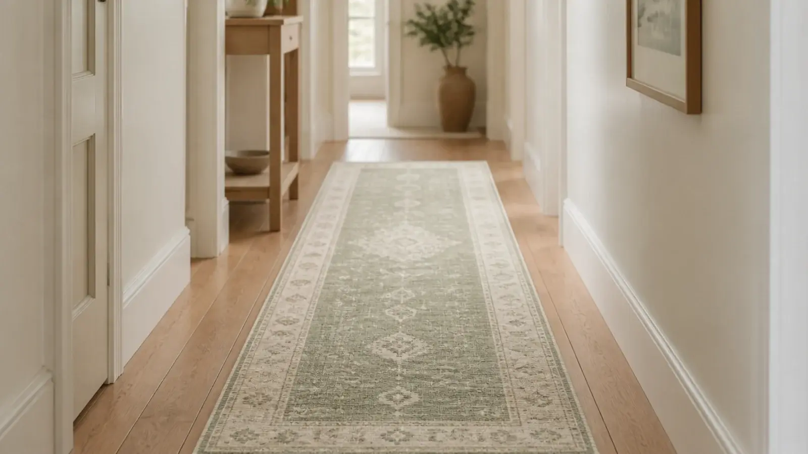 slim runner leaving bare floor on both sides of a narrow hall
