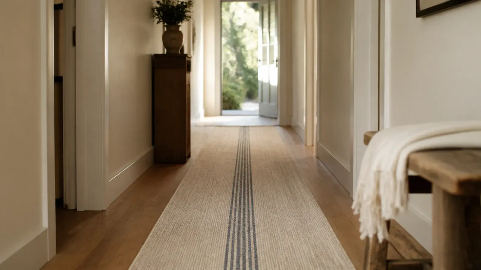 long runner laid lengthwise along a narrow hallway toward a door