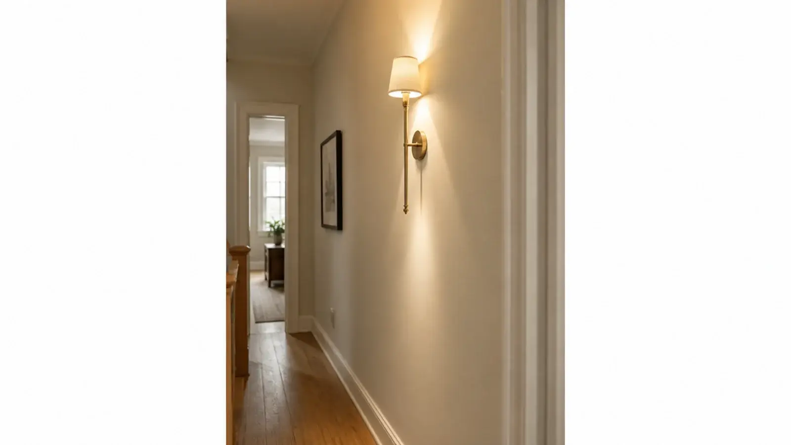 slim wall sconce mounted high on a narrow hallway wall