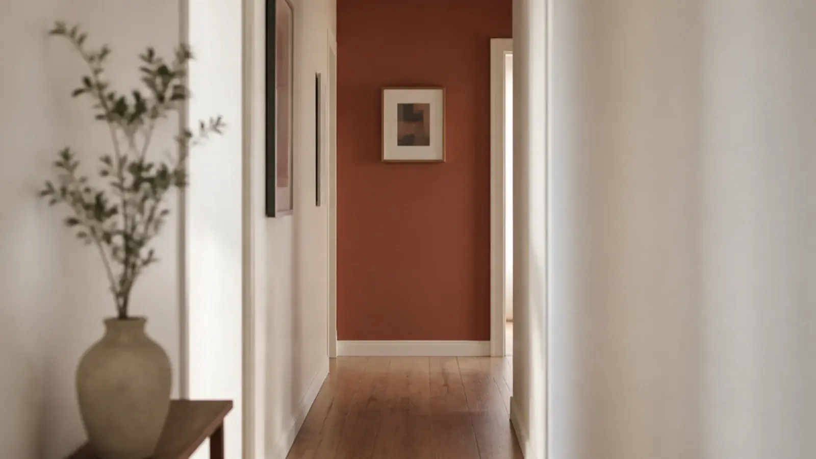 far end wall of a narrow hall painted deeper than the side walls