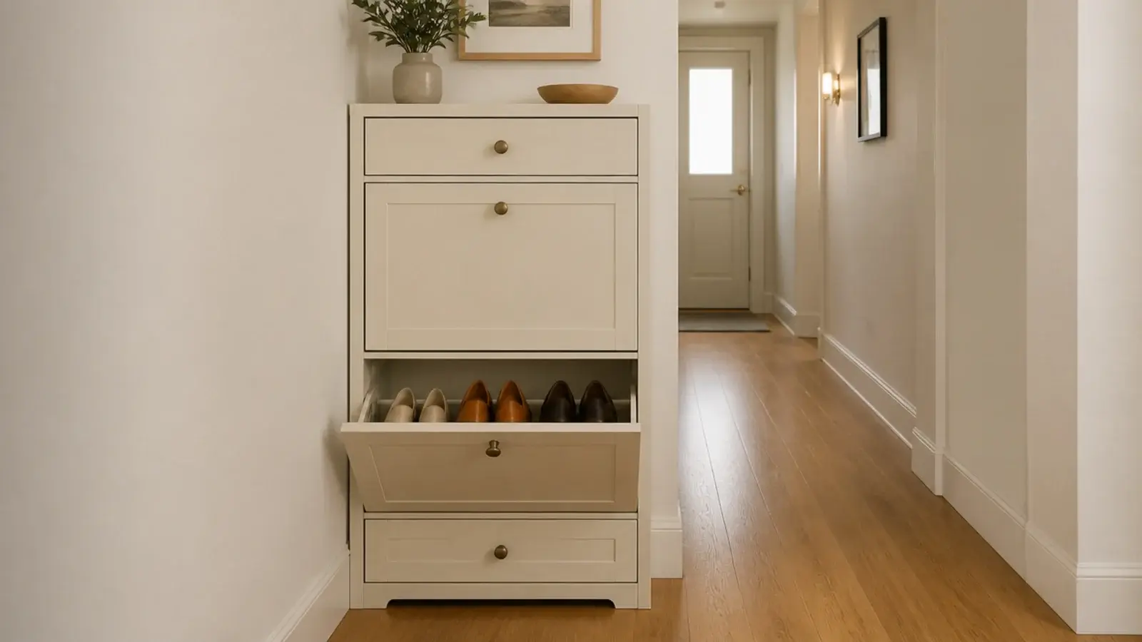 slim tilt out shoe cabinet fitted flush along a narrow hall wall