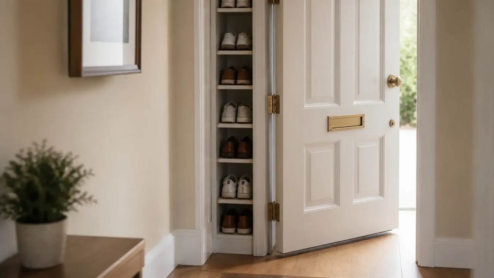 narrow shoe rack tucked into the wall space behind an open door
