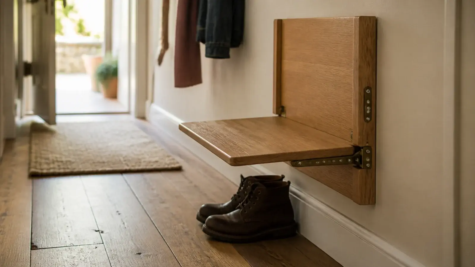 folding wooden seat lowered against a narrow hallway wall