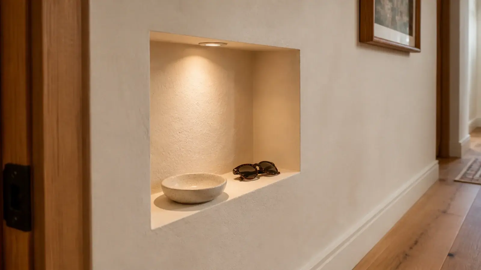 shallow recessed wall niche holding keys in a narrow hallway
