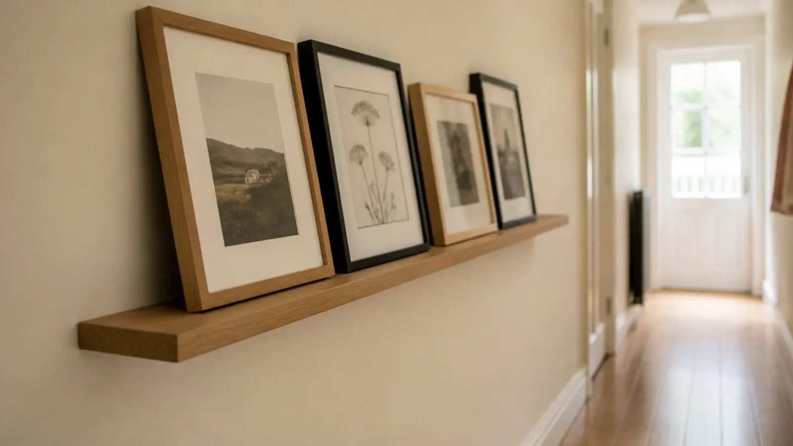 narrow picture ledge with leaning prints along a hallway wall