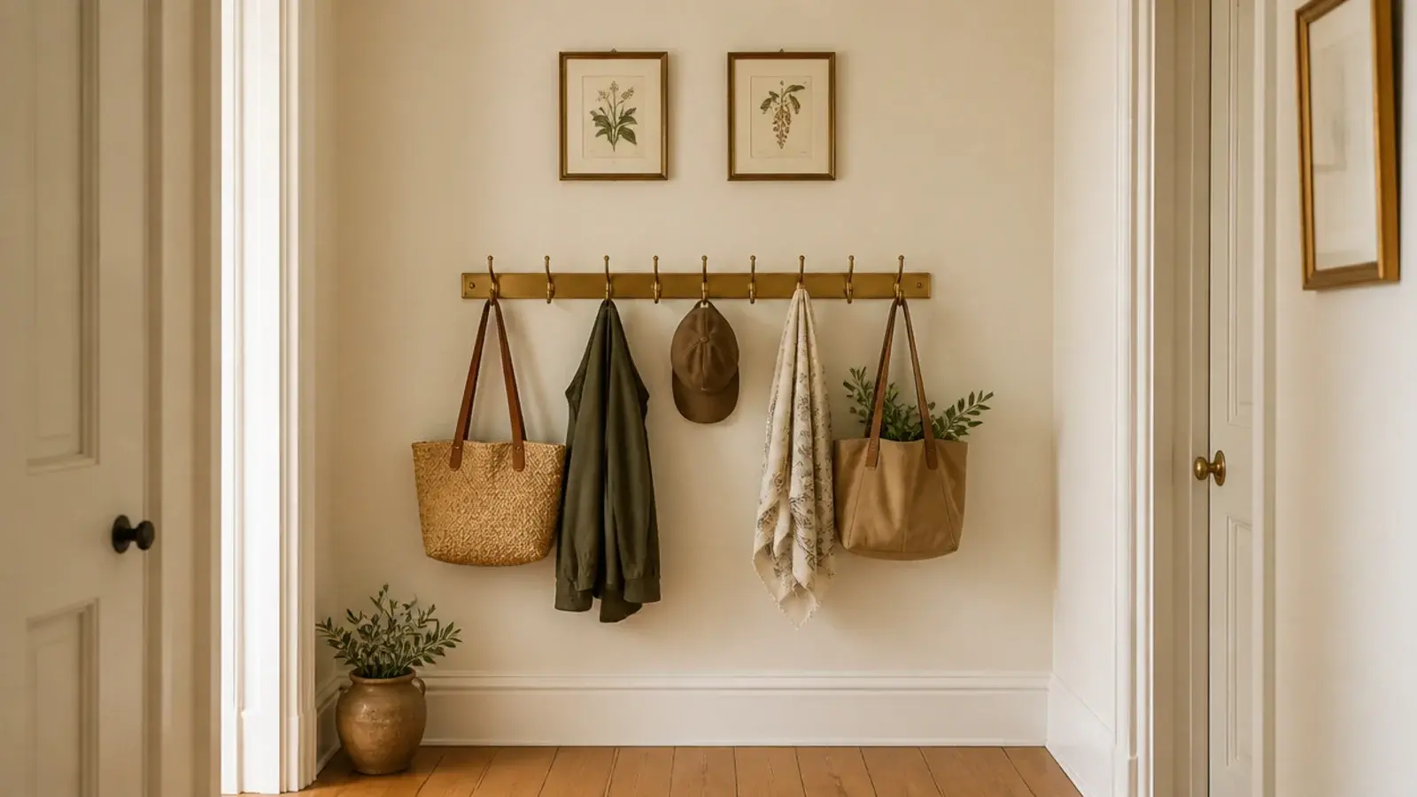 framed prints hung high above coat level in a narrow hallway
