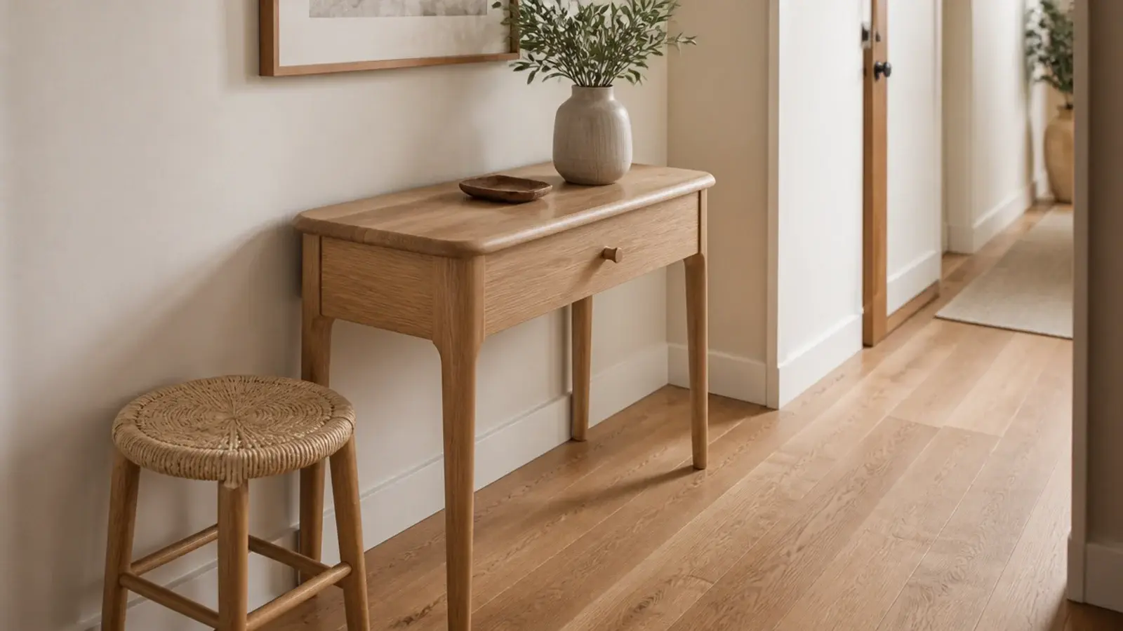 rounded corner console and stool in a tight hallway walkway