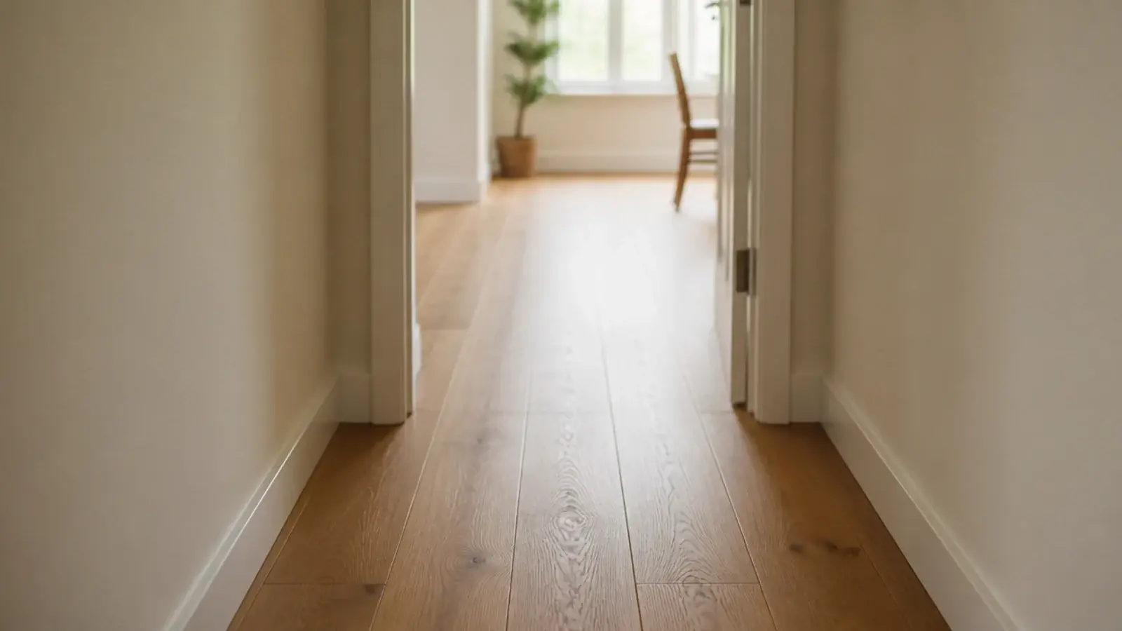 continuous oak floorboards running through a narrow hall doorway