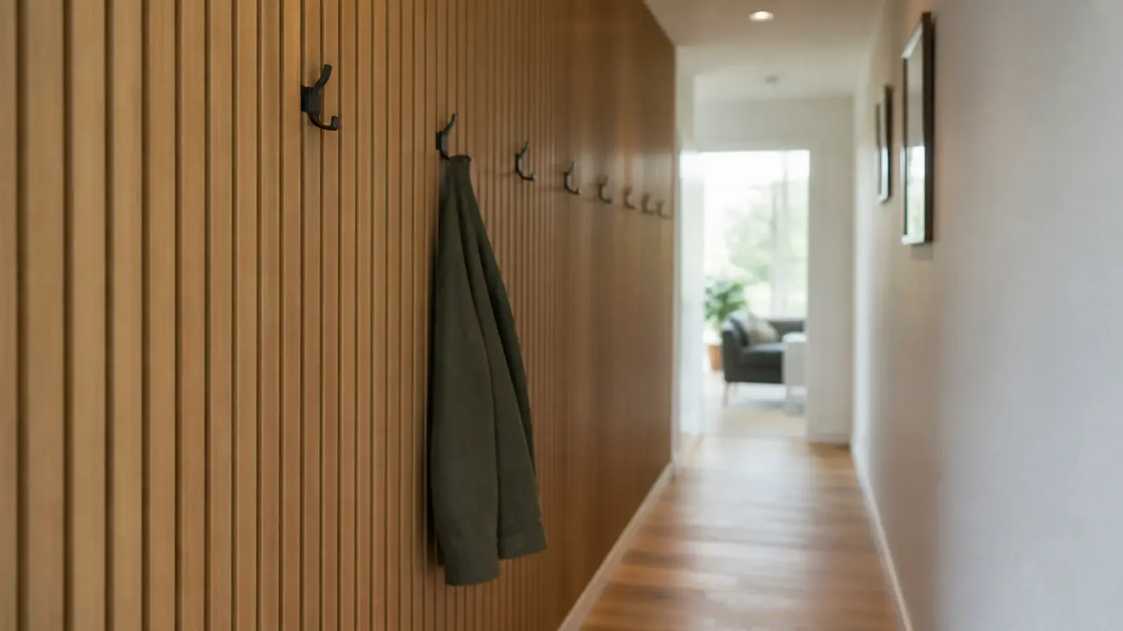 vertical slat panelling raising the apparent height of a narrow hall